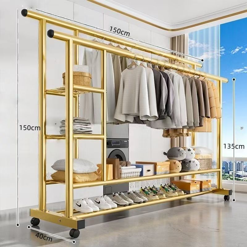 Top equipped with three-layer side storage net   double-layer storage rack   double pole 150 gold   universal wheel