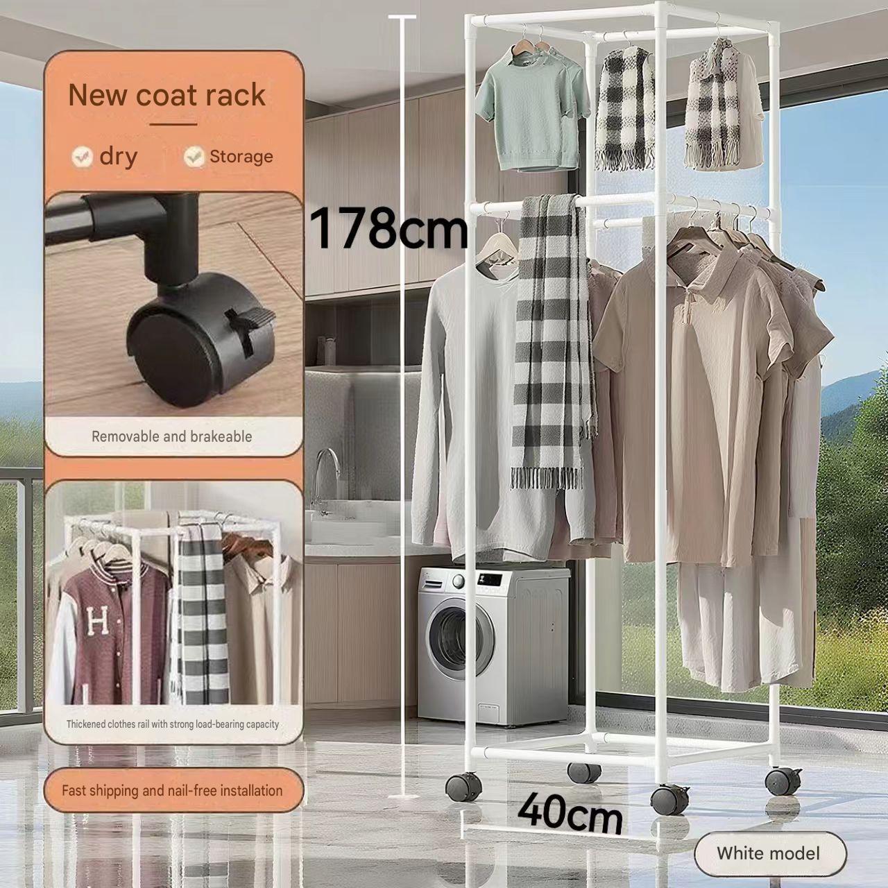 White - four-sided rotating clothes drying rack - double-layer hanging   universal wheels