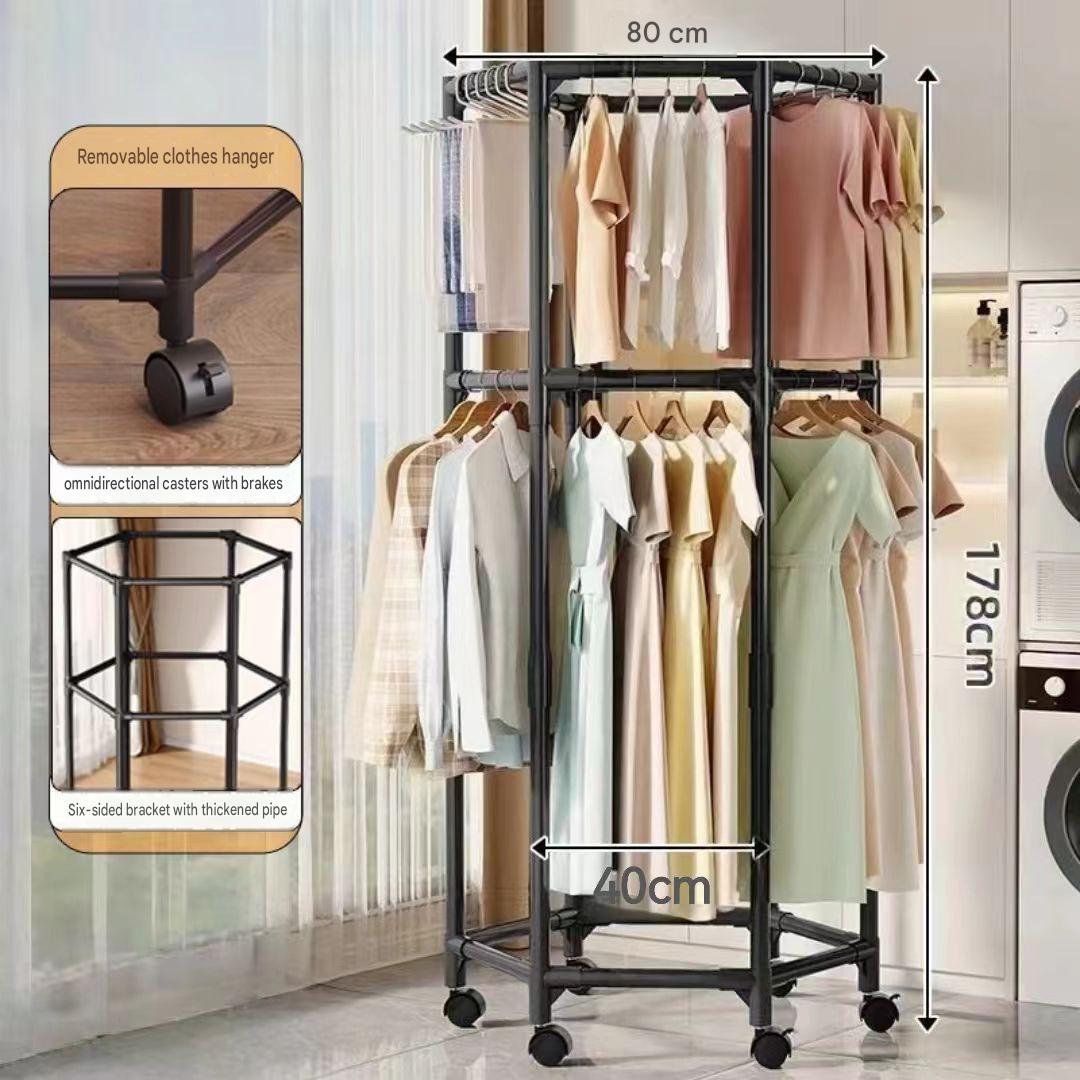 Black - six-sided rotating clothes drying rack - double layer hanging   universal wheels