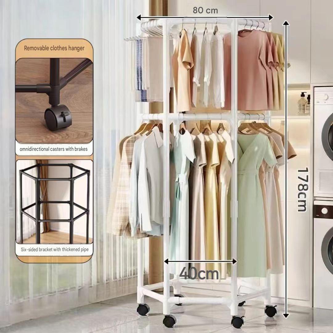 White - six-sided rotating clothes drying rack - double-layer hanging   universal wheels