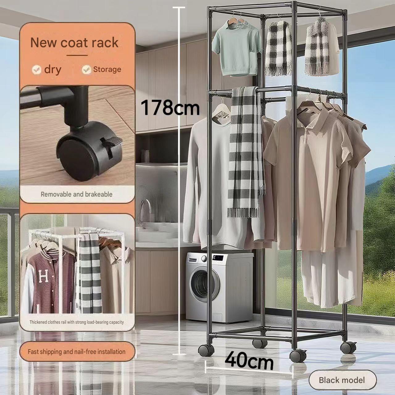 Black - four-sided rotating clothes drying rack - double-layer hanging clothes   universal wheels