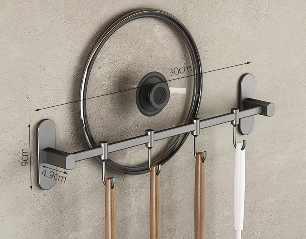 Stainless steel single towel bar with 4 hooks, 30cm - gunmetal gray