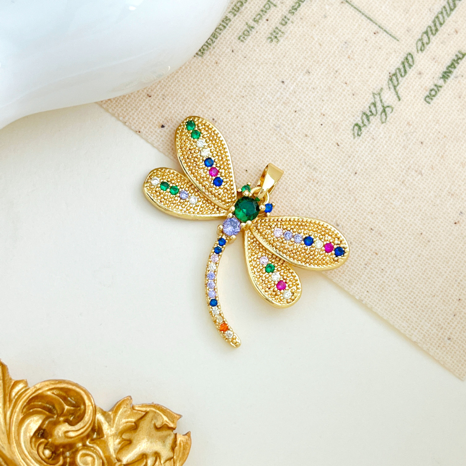 Xl2857 colorful dragonfly pendant gold