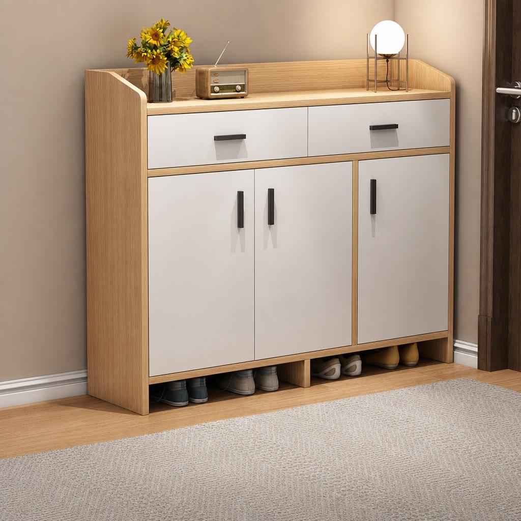 90cm three doors and two drawers pastoral oak   white [simple density board]