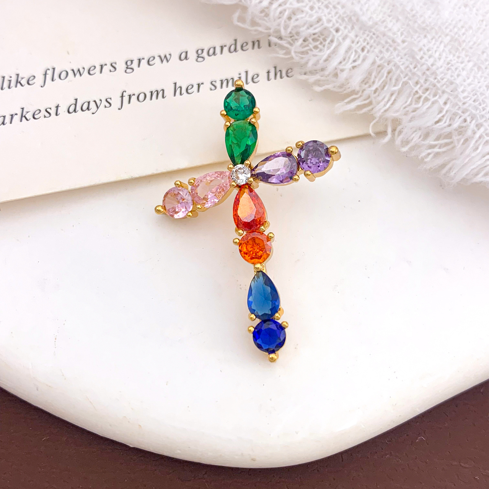 Xl2704 colorful water drop cross pendant gold