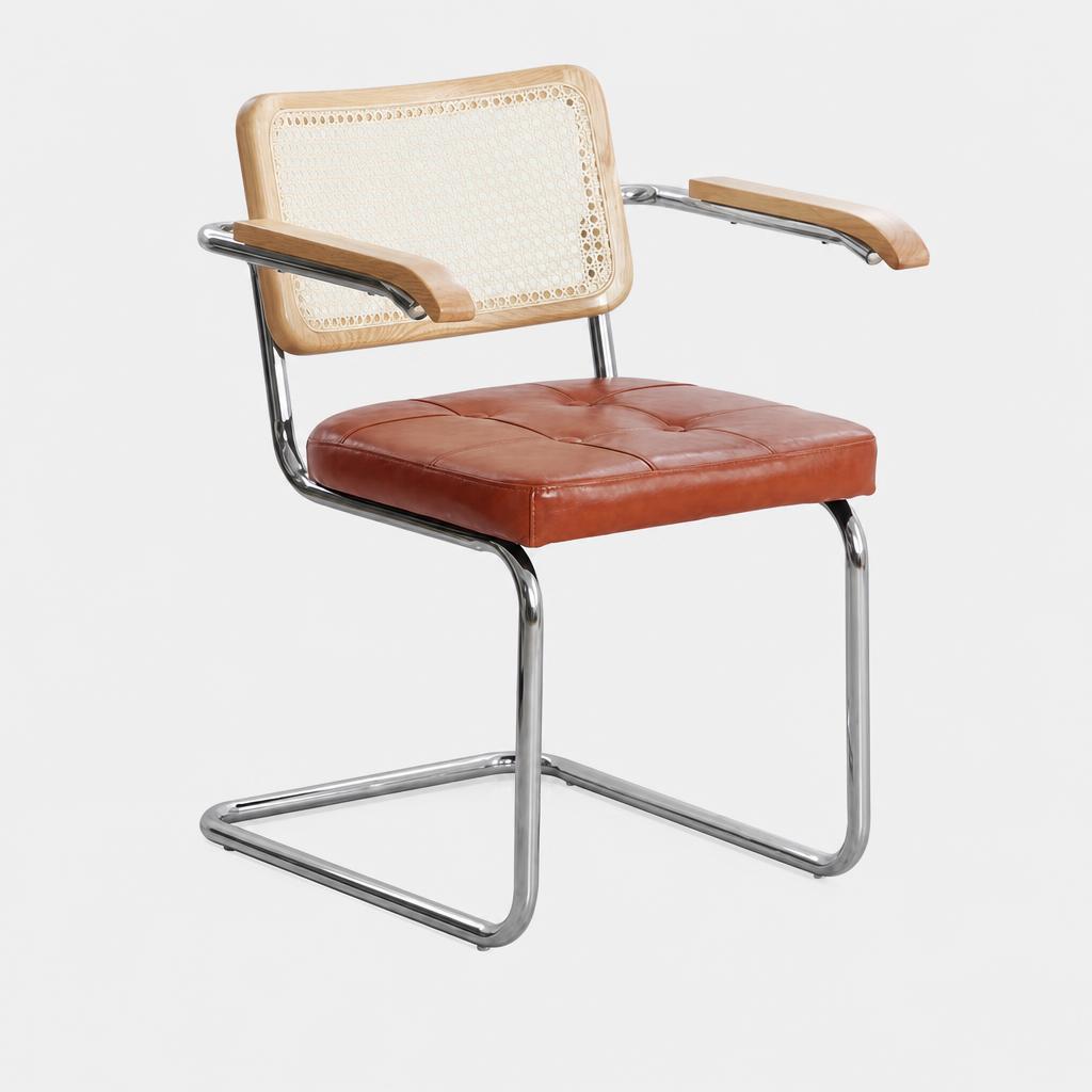 Solid wood - natural wood color back - dark brown shiny leather seat [armrest]