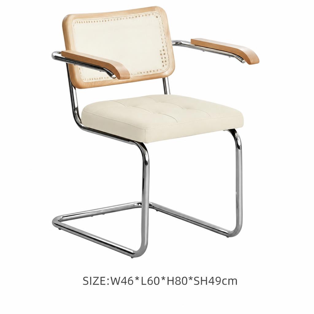Solid wood - natural wood color back - white matte leather seat cushion [armrest]