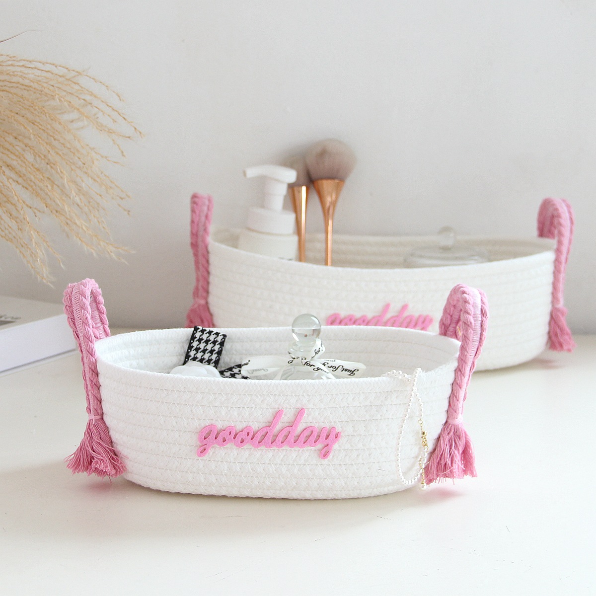 Milk white basket-pink handle cotton rope storage basket