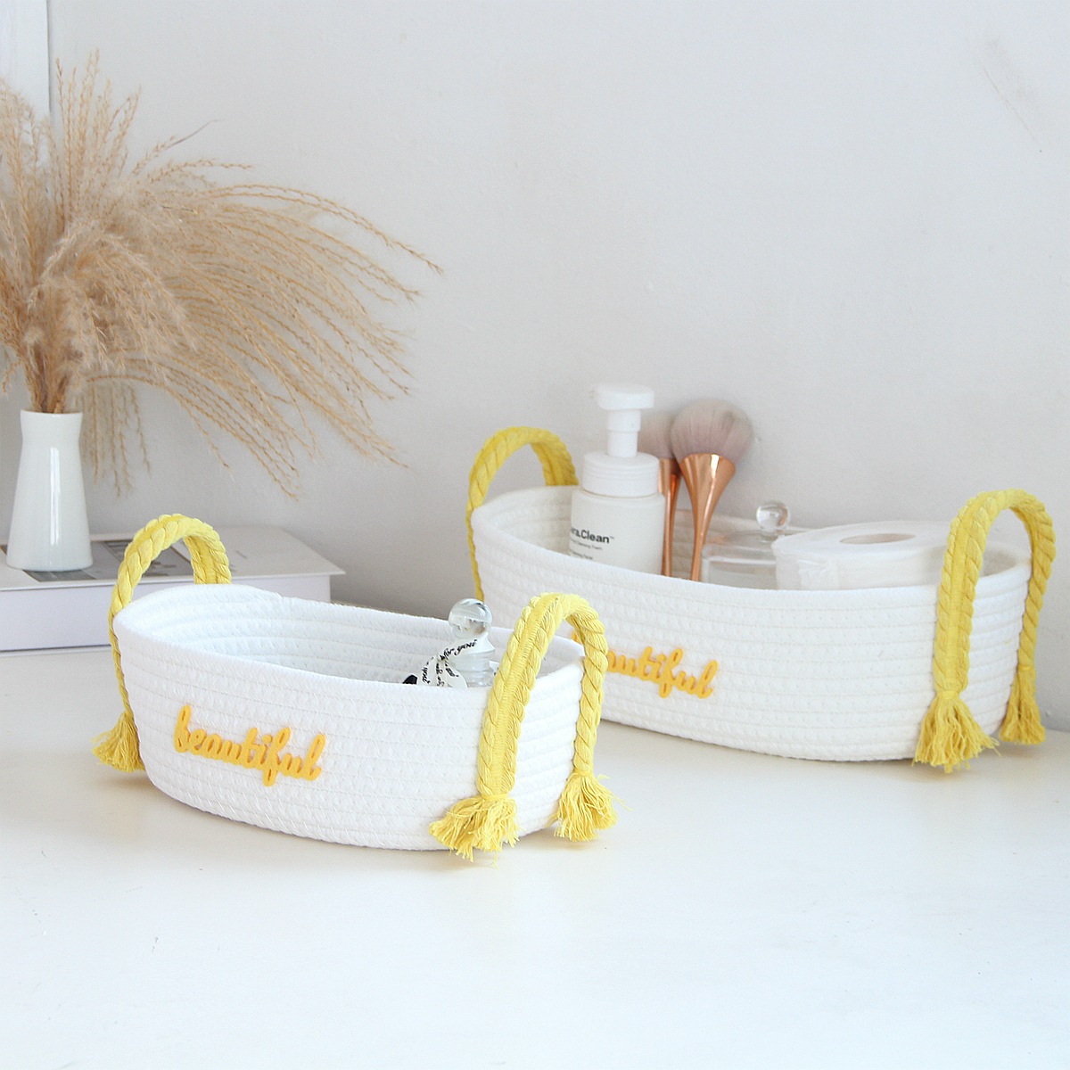 Milk white basket-yellow handle cotton rope storage basket