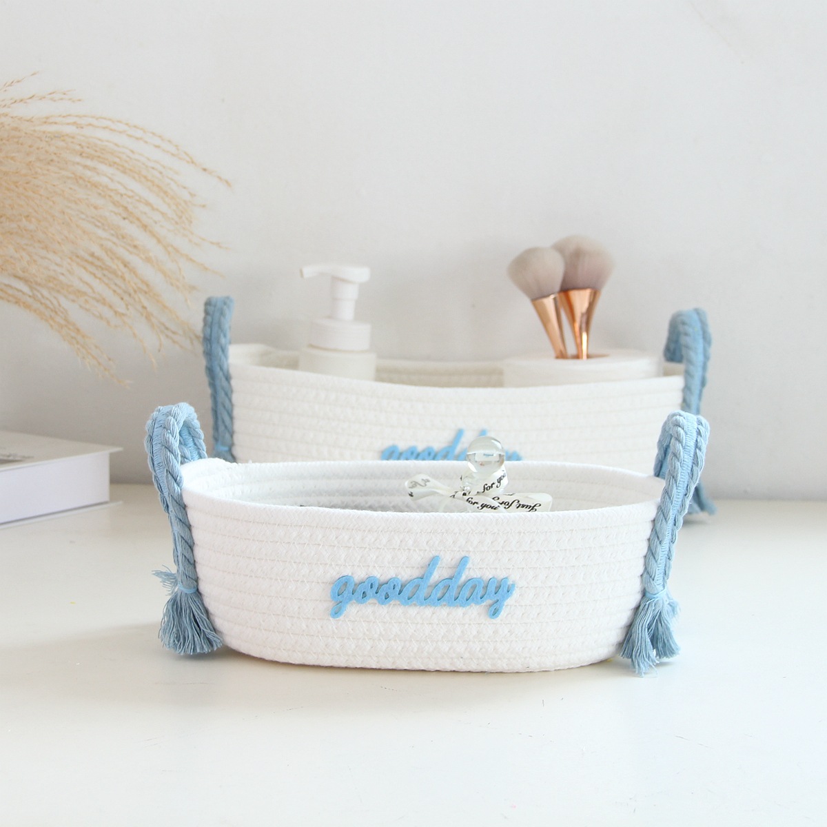 Milk white basket-sky blue handle cotton rope storage basket
