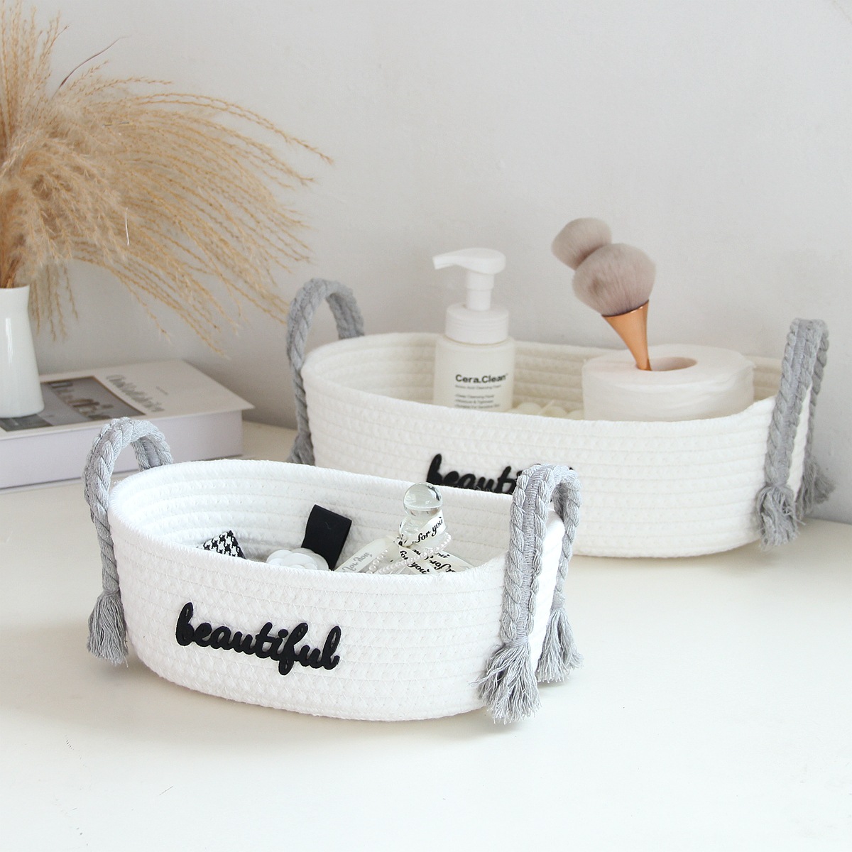 Milk white basket-grey handle cotton rope storage basket