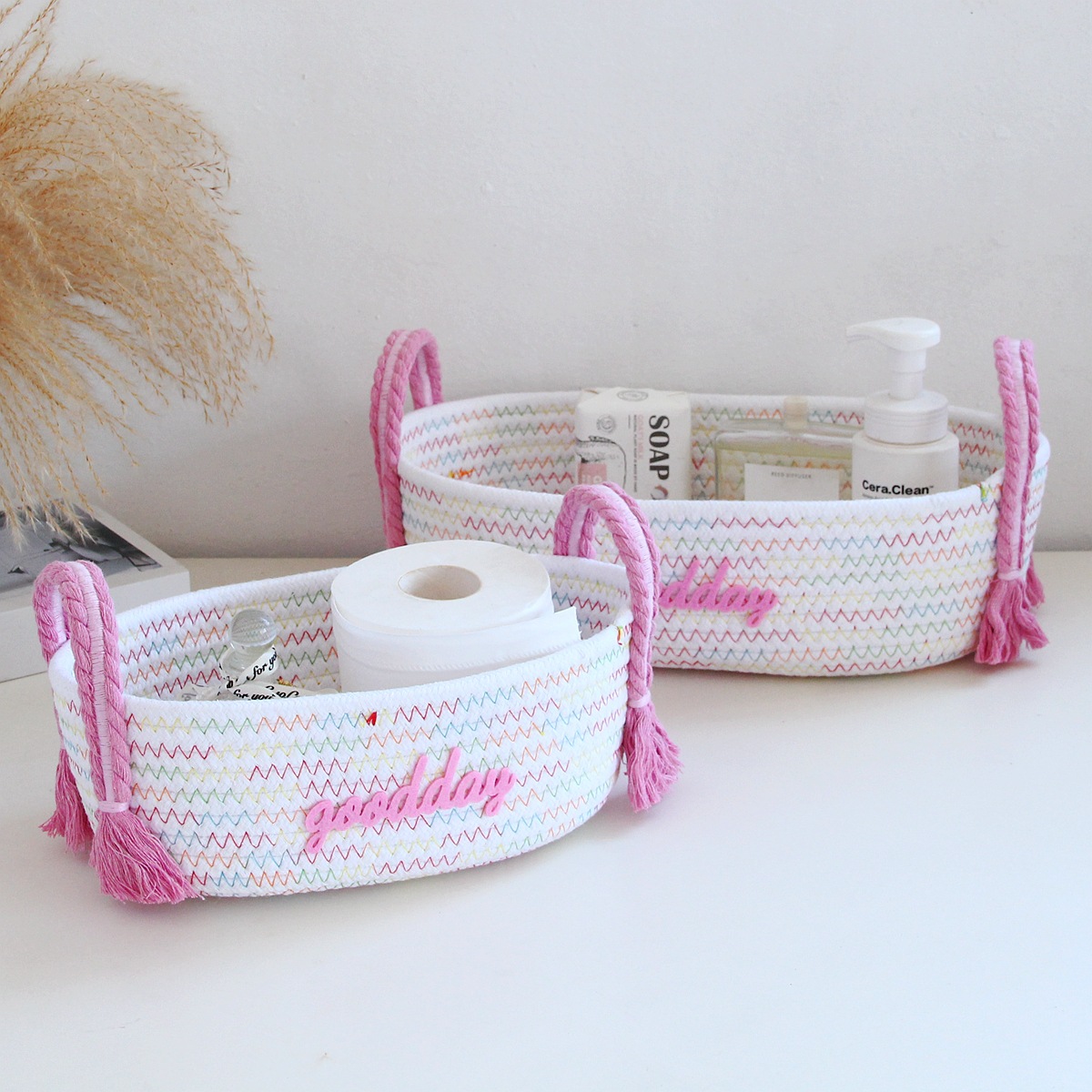 Colorful basket-pink handle cotton rope storage basket