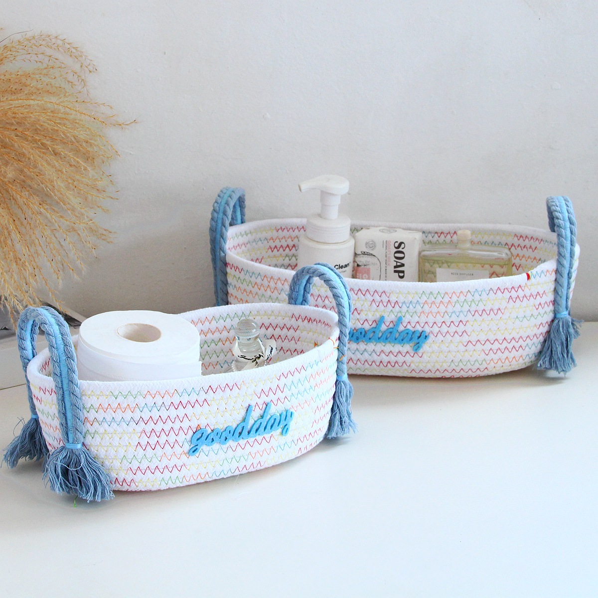 Colorful basket-blue handle cotton rope storage basket