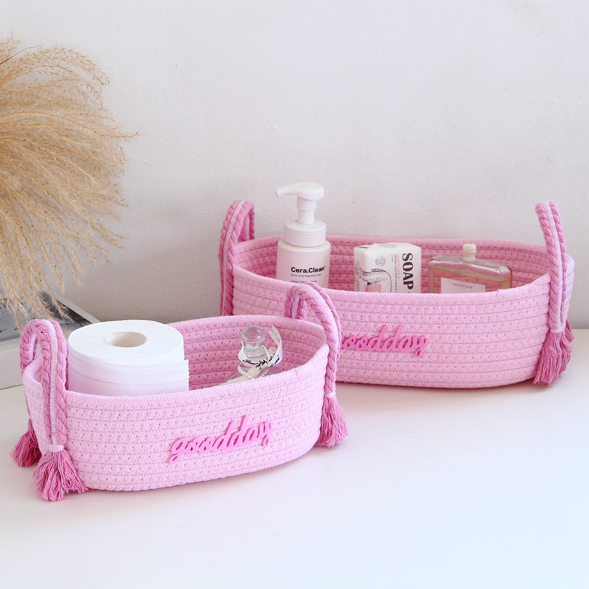 Pink basket-pink handle cotton rope storage basket