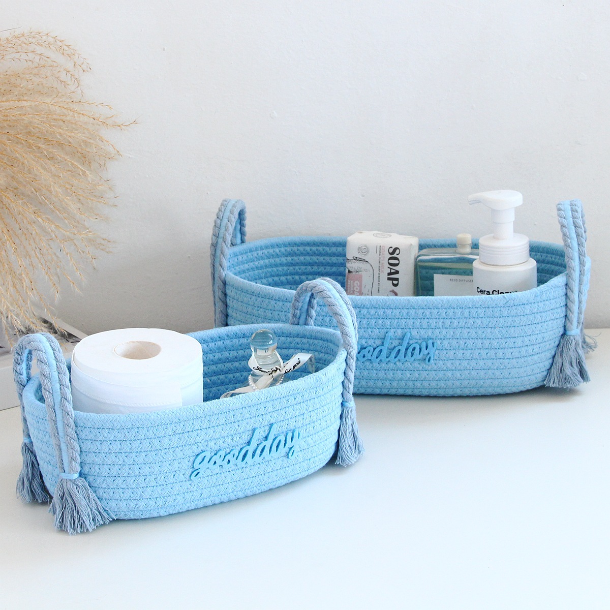 Sky blue basket-sky blue handle cotton rope storage basket