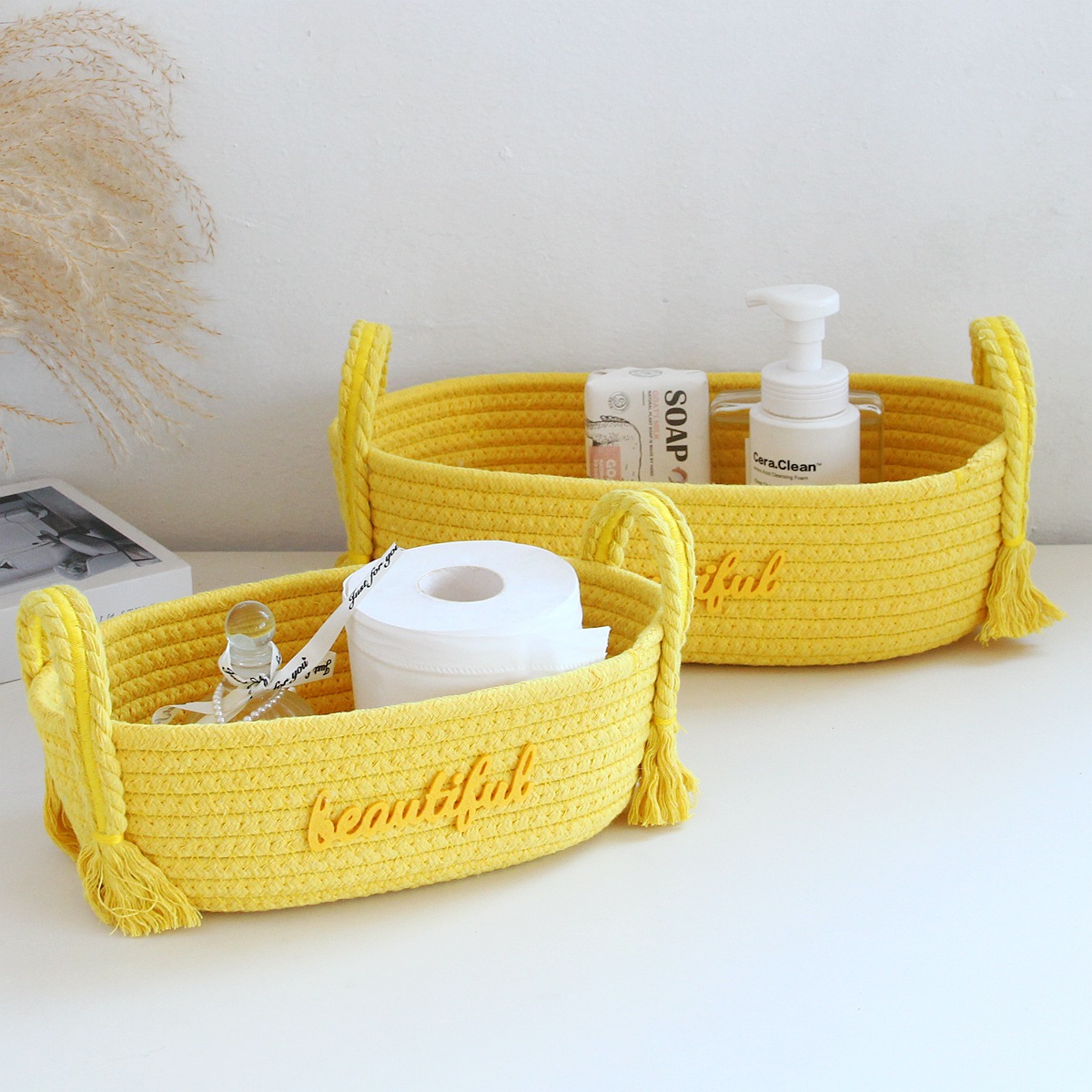 Yellow basket with yellow handle cotton rope storage basket