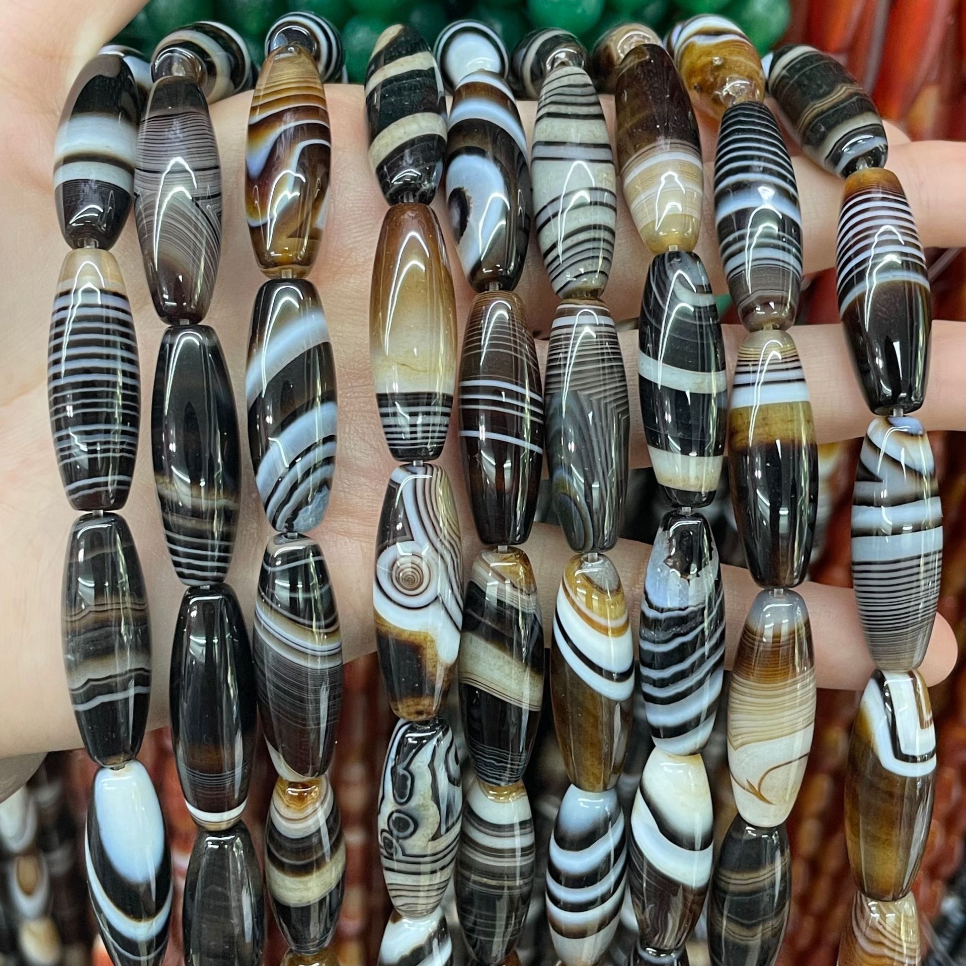 Natural silk-wrapped black agate rice beads