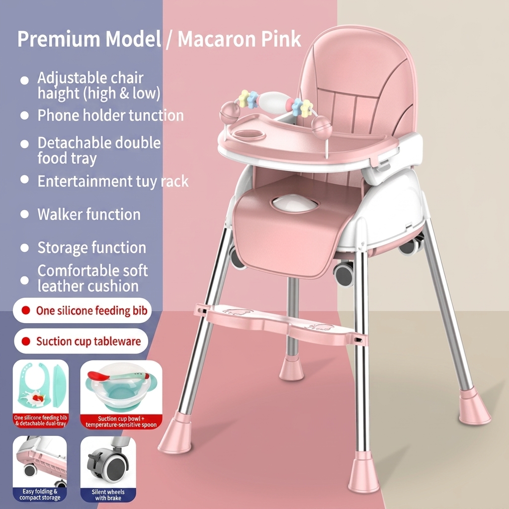 Pink Premium-Suction Bowl-Bib-Wheels-Toy Rack-Variable Sneak-Can be stored