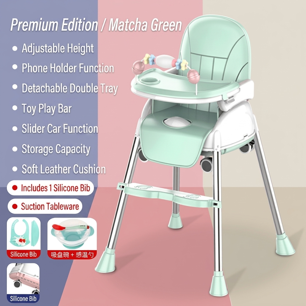 Green Premium-Suction Bowl-Bib-Wheel-Toy Rack-Variable Sneak-Storage (Green Physical Color Has Changed, Contact Customer Service to See New Color)