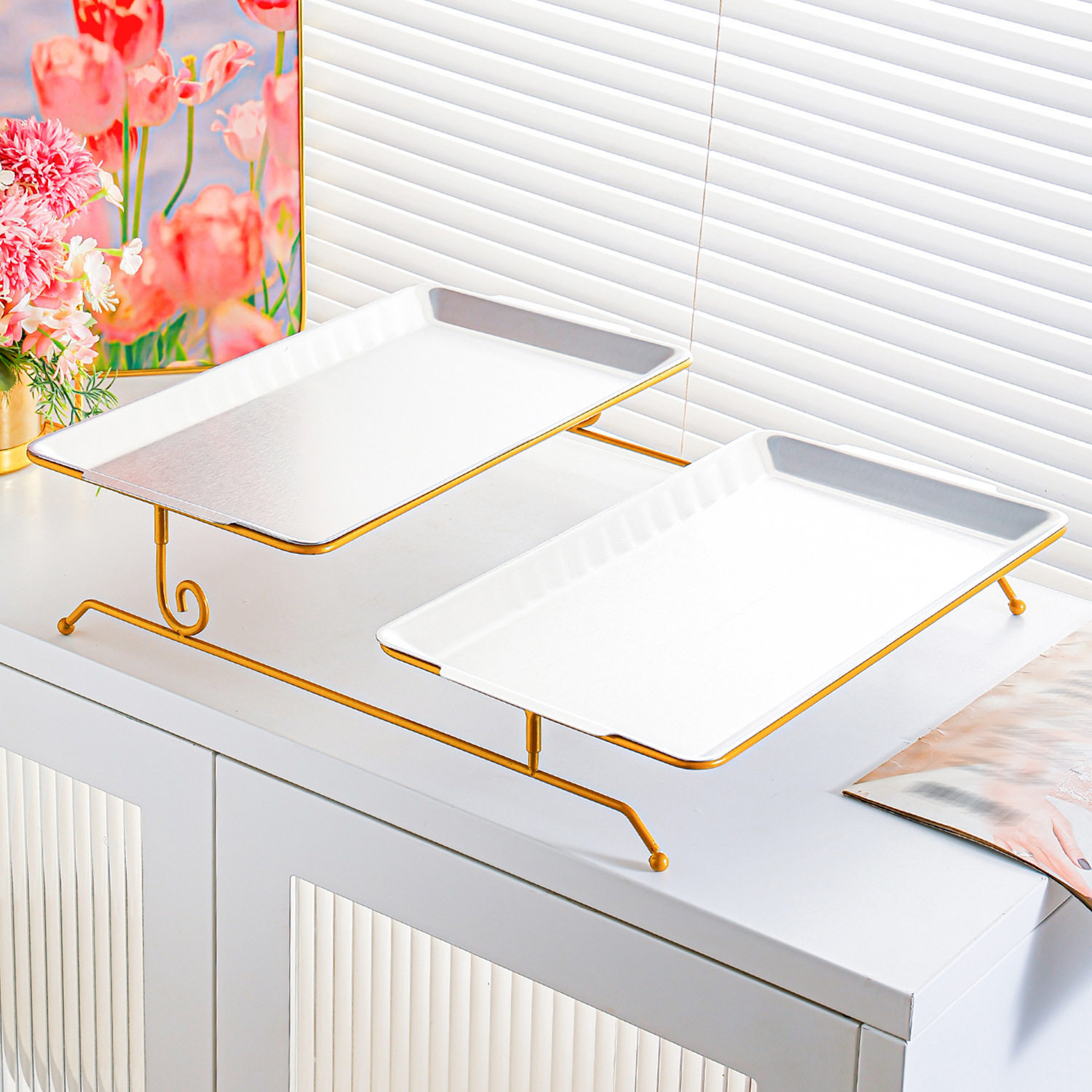 Upper and lower golden square frame silver stainless steel square tray 36.8cm