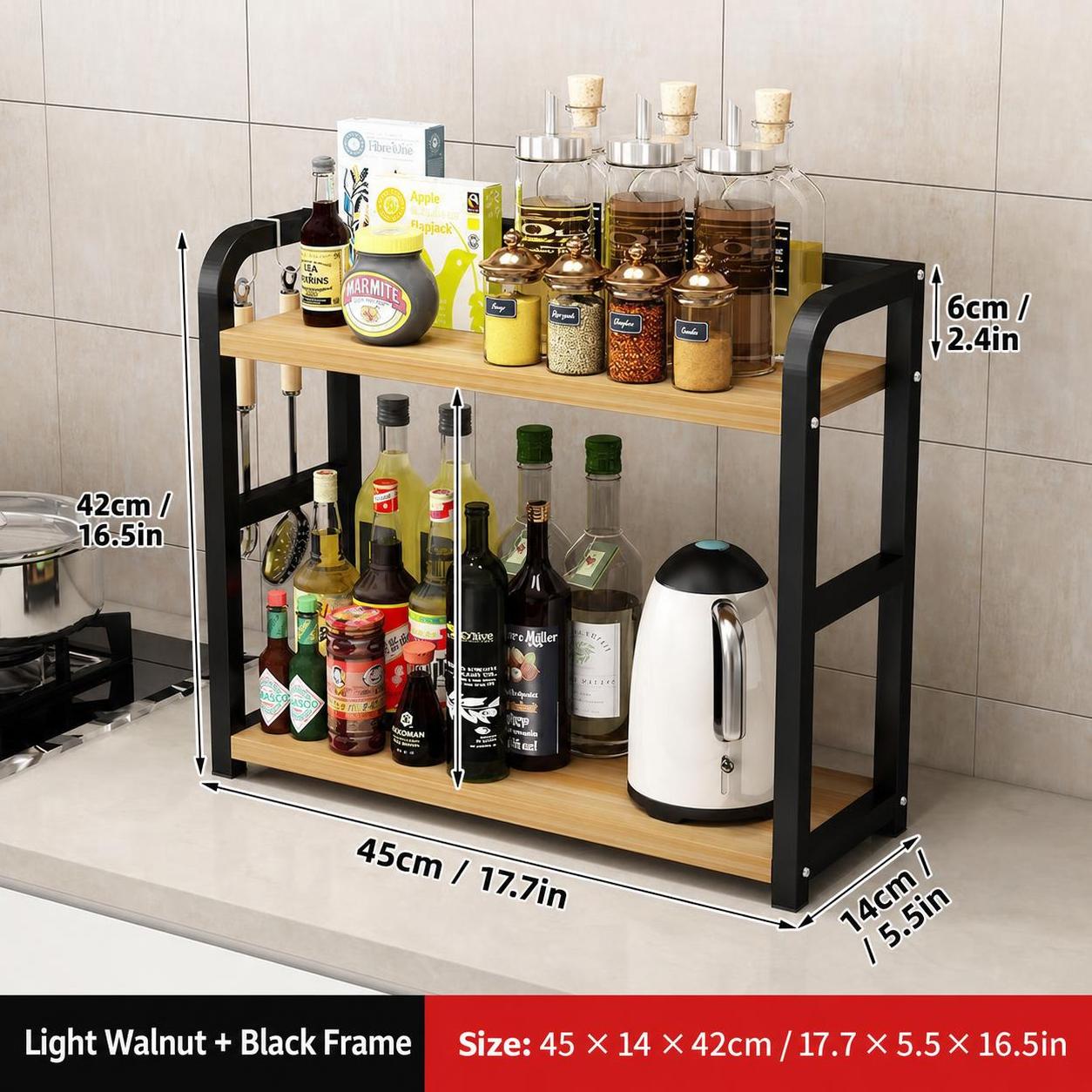 45cm length, black frame   light walnut board, 2-tier