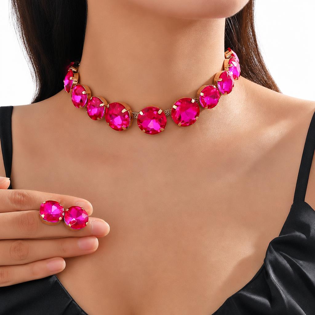 4:Jxjl21188-round crystal necklace-rose red