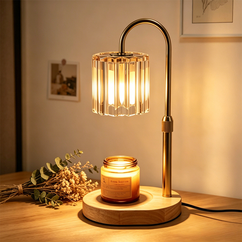 Amber triangular glass lampshade   gold lift   oval log base timer dimmer switch