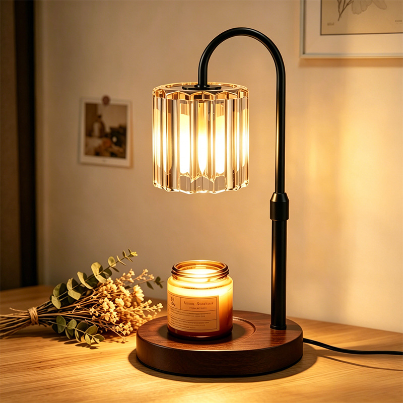 Amber triangular glass lampshade   black lift   oval walnut base timer dimmer switch