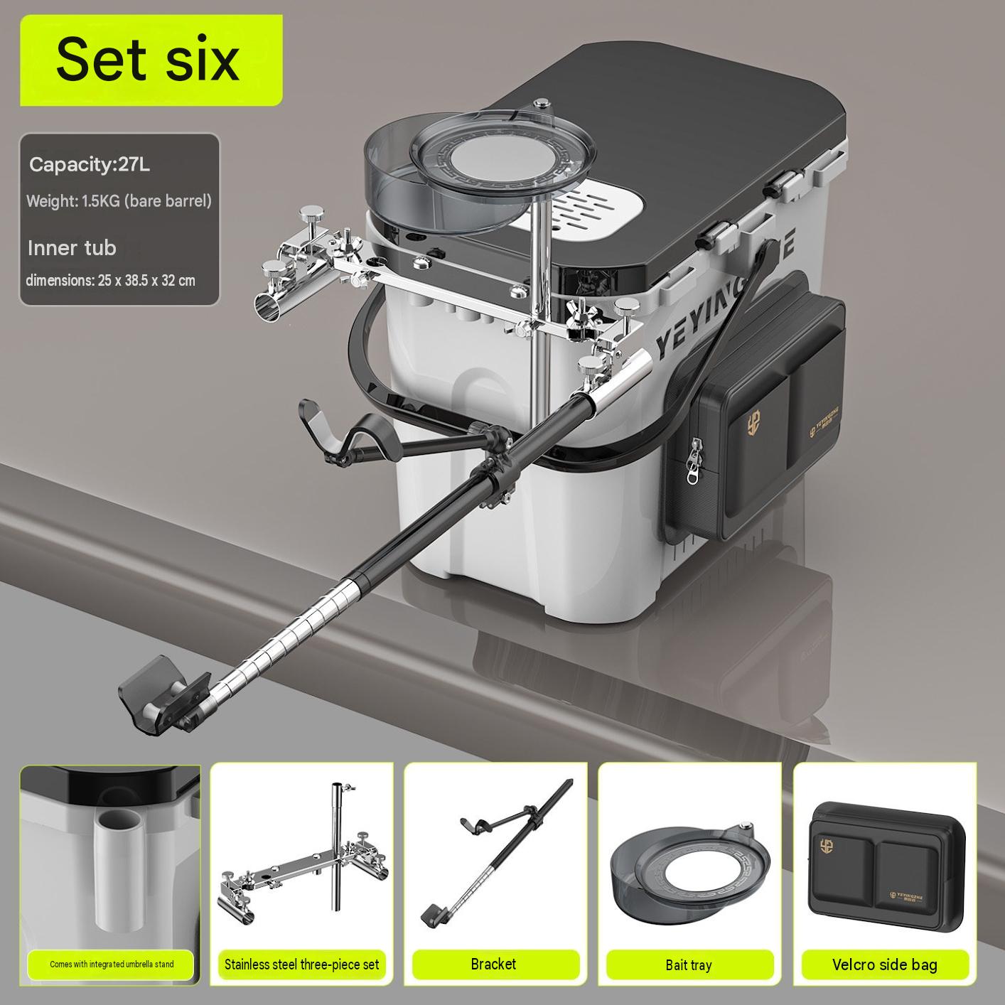 White - package six [naked bucket   stainless steel three-piece set   bracket   bait tray   side bag]
