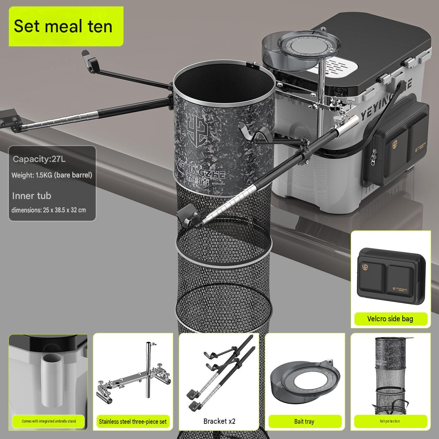 White - package ten [naked bucket   stainless steel three-piece set   bracket x2   bait tray   side bag   25cm fish guard]