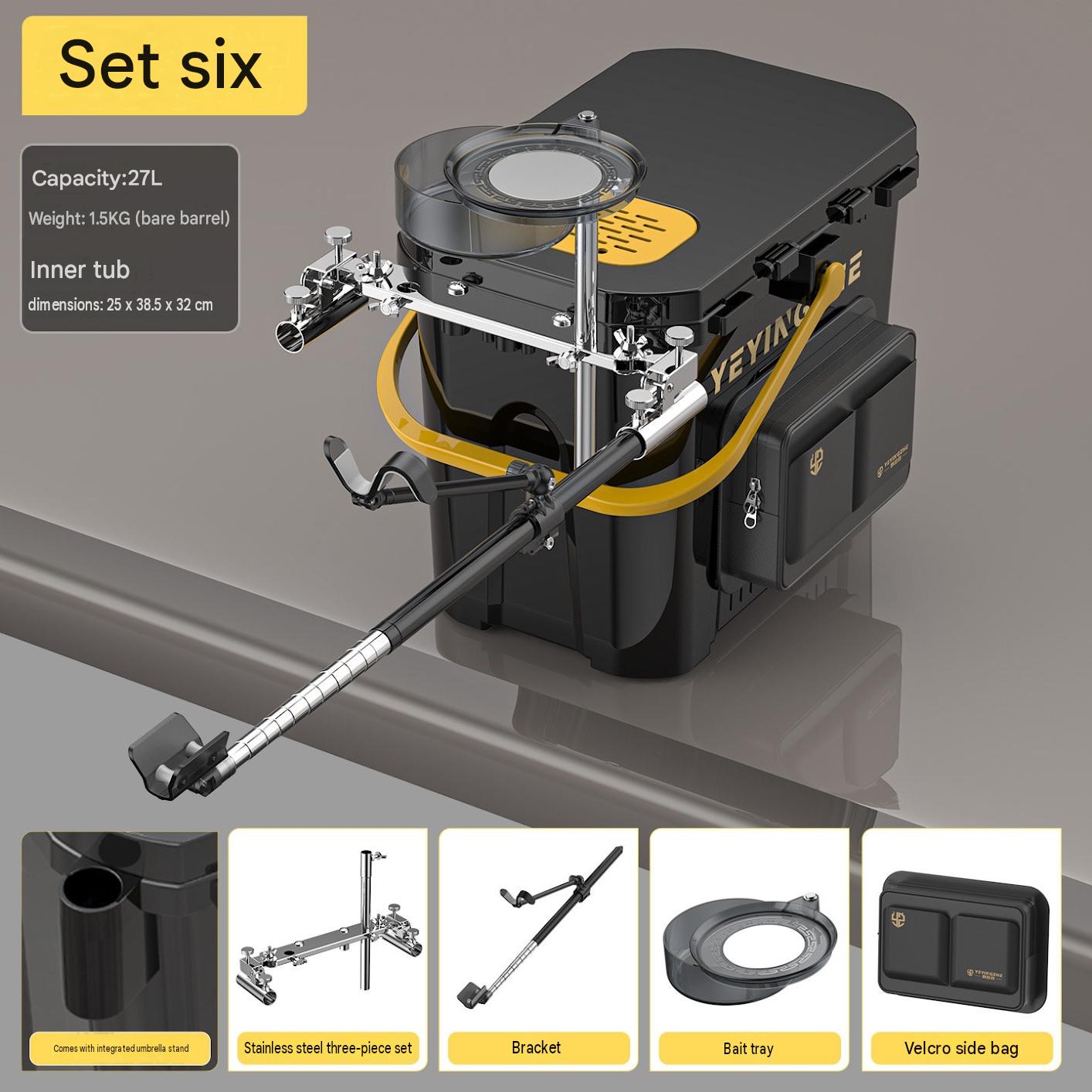 Black - package six [naked bucket   stainless steel three-piece set   bracket   bait tray   side bag]
