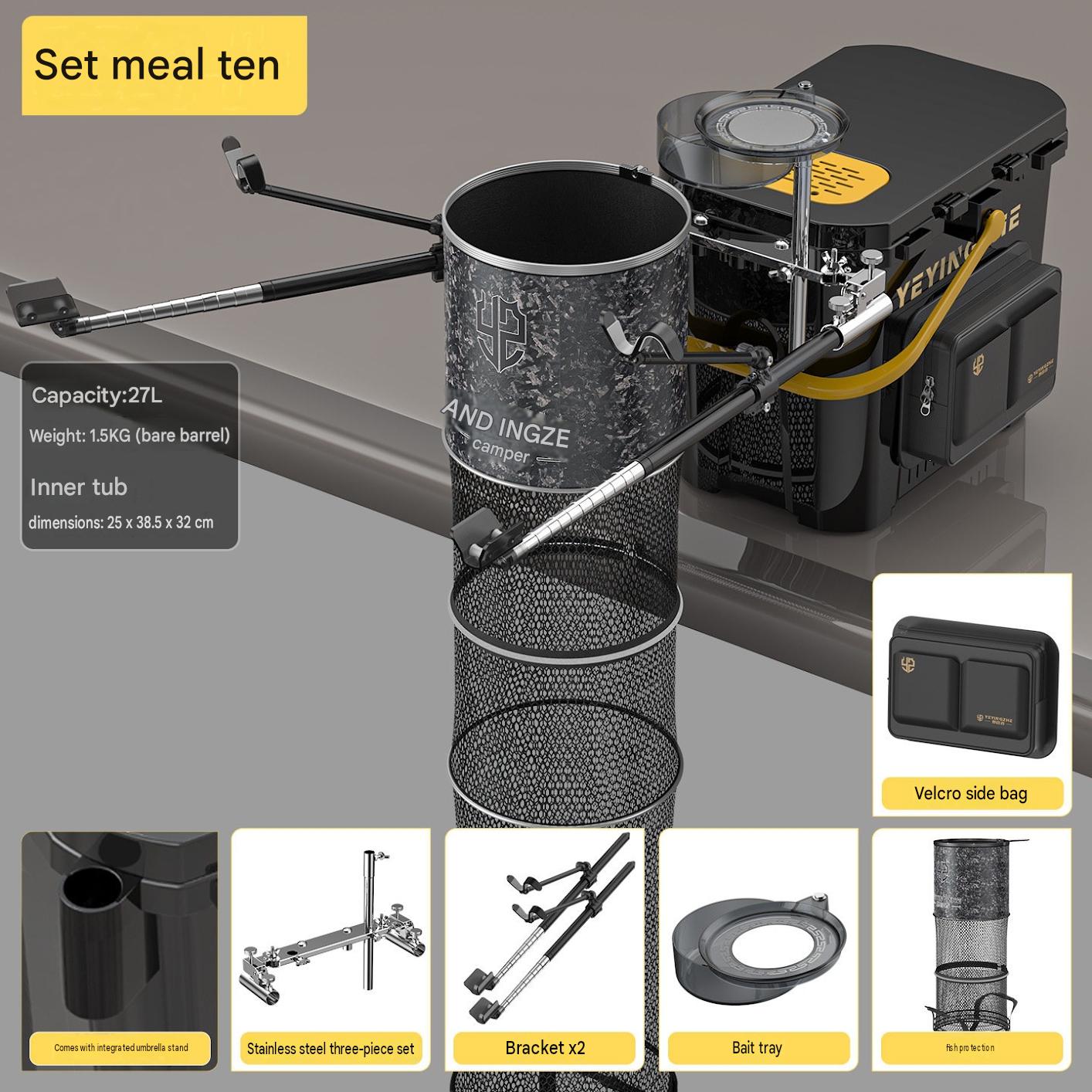 Black - package ten [naked bucket   stainless steel three-piece set   bracket x2   bait tray   side bag   25cm fish guard]