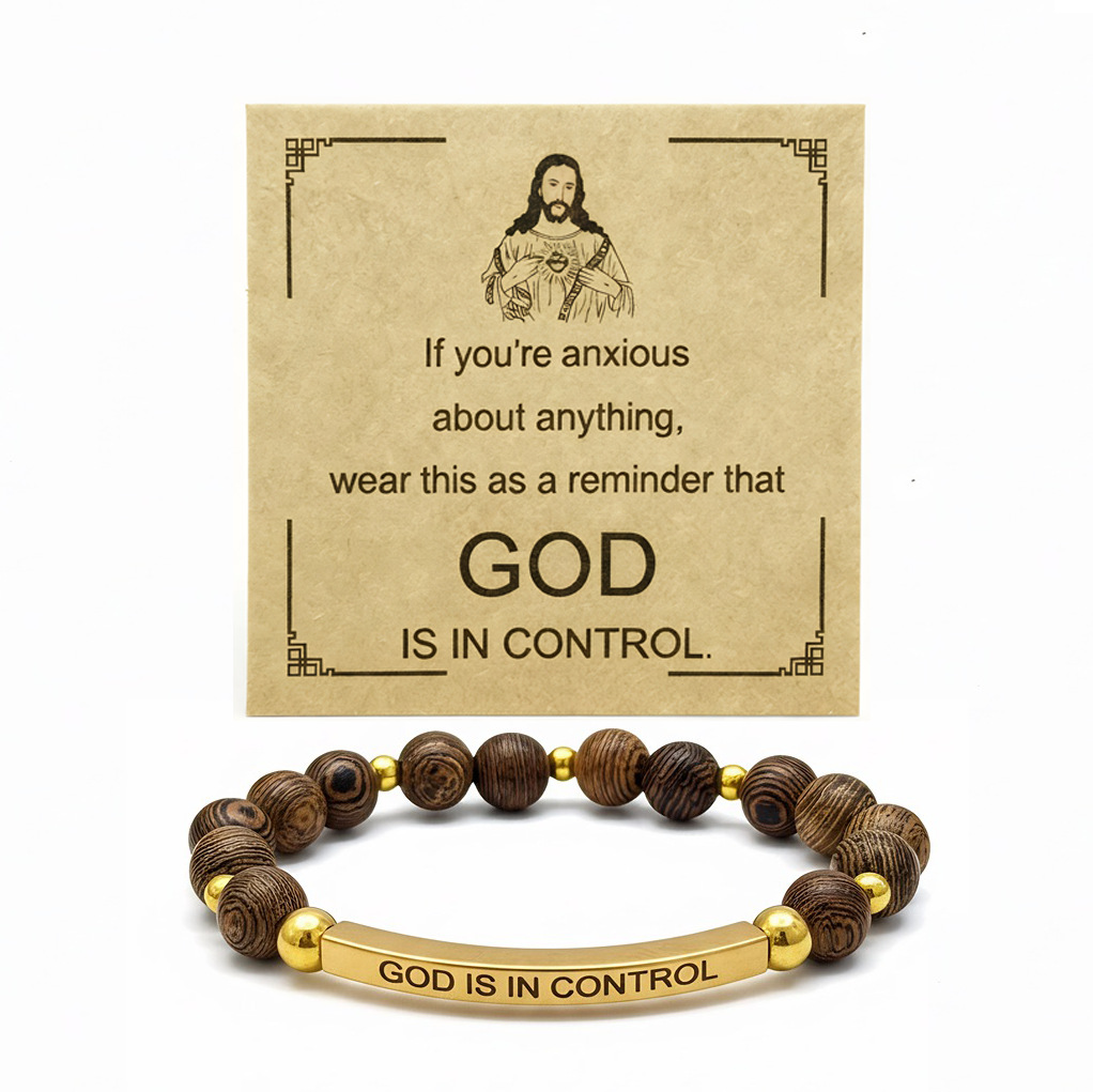 3:God elbow wood bead bracelet - gold tone