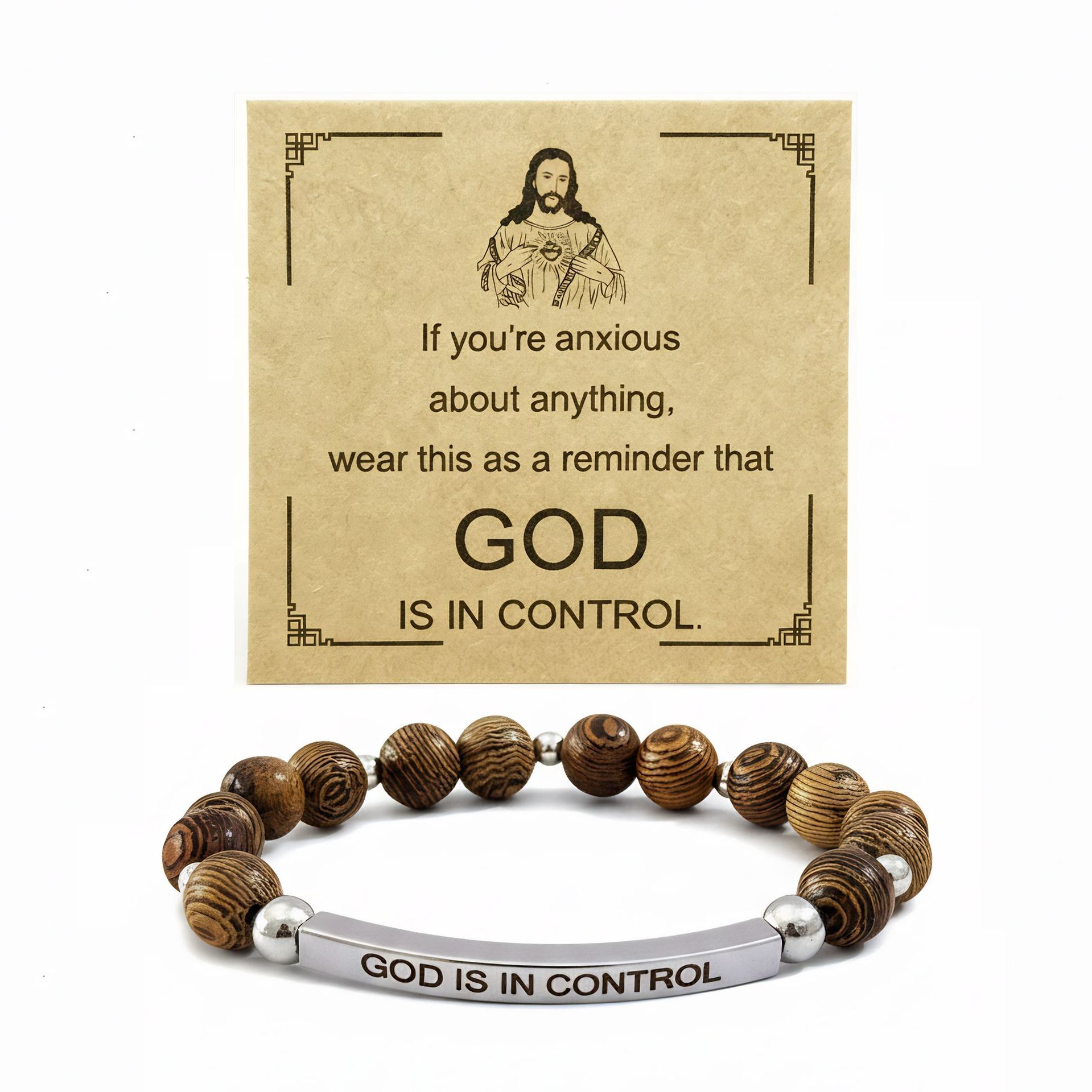 4:God elbow wood bead bracelet - silver
