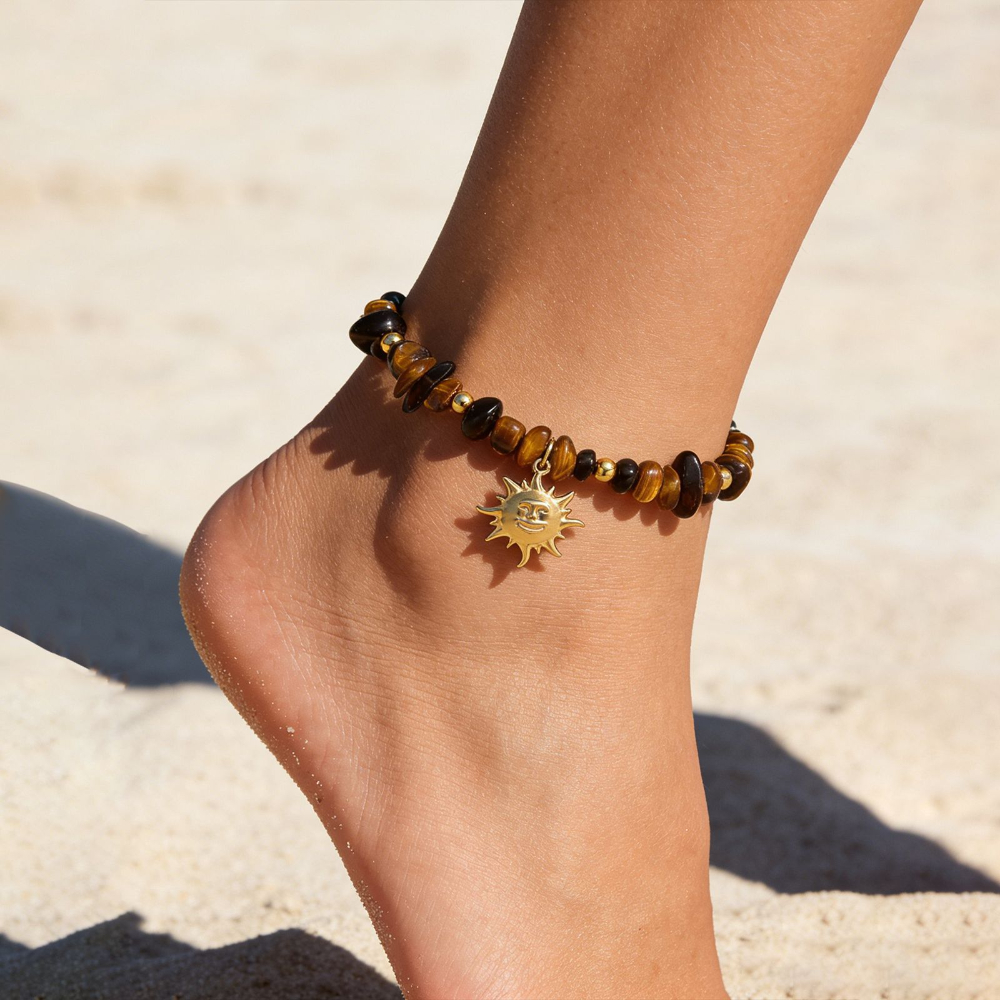 Sun Pendant Tiger Eye Chip Anklet