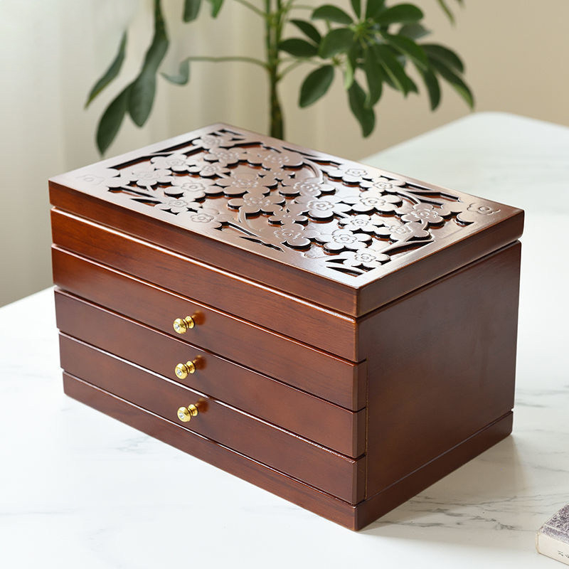 Three-drawer, four-tier, carved design [with mirror] - walnut finish