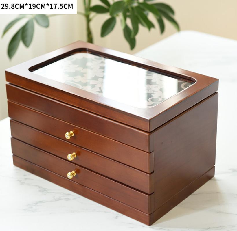Three-drawer, four-tier, carved walnut finish