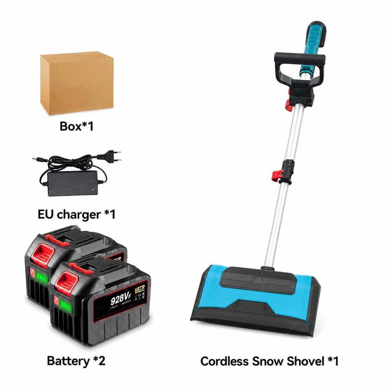 Snow plow with 2 batteries and 1 charger