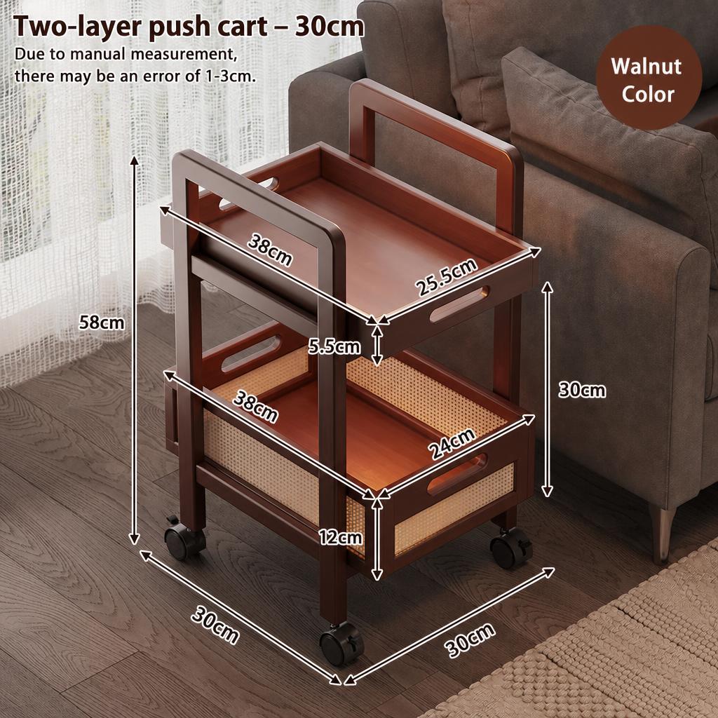 Walnut color 30cm long double layer rectangular side table - removable with wheels