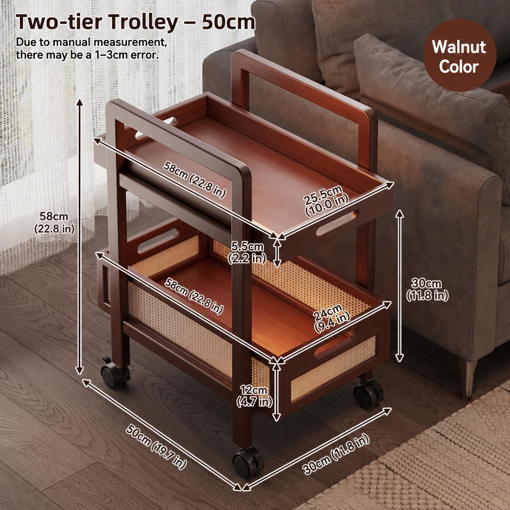 Walnut color 50cm long double layer rectangular side table - removable with wheels