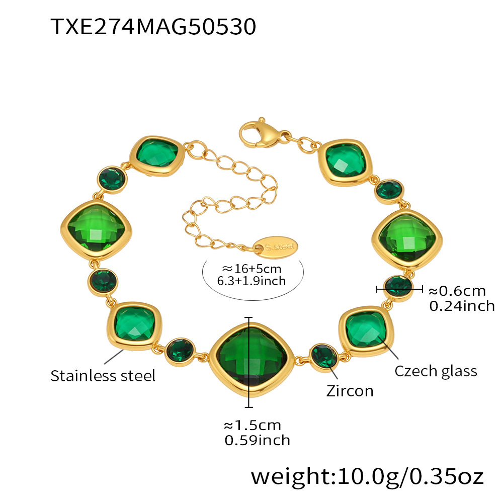 Txe274-gold green glass stone bracelet 16 and 5cm