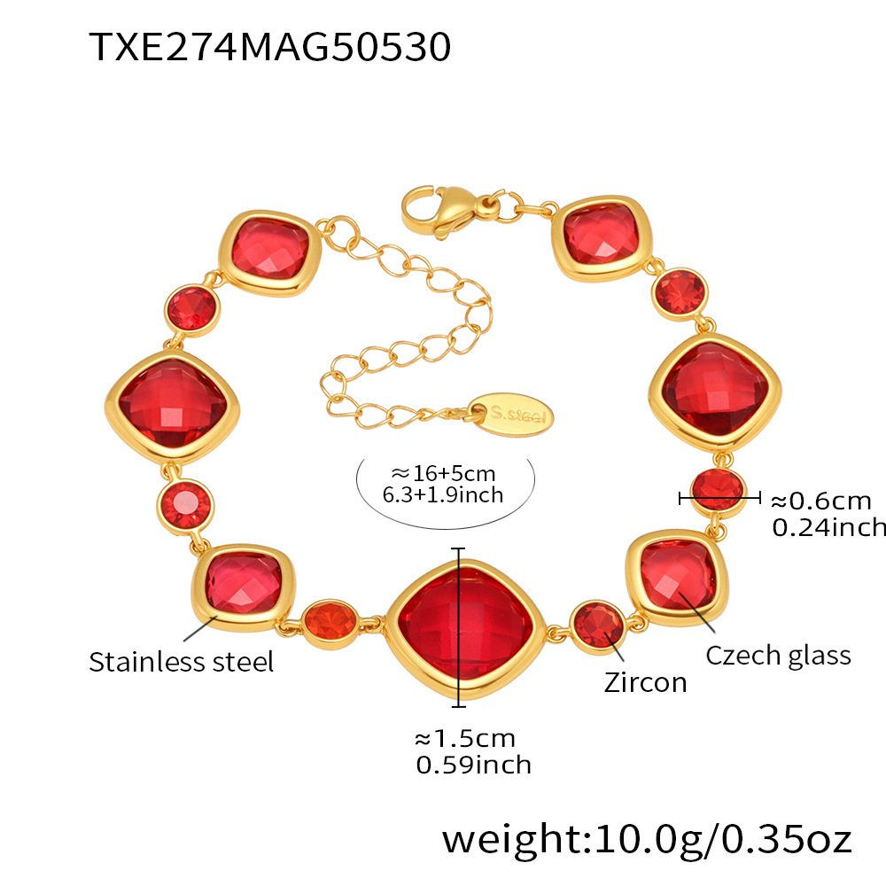 Txe274-gold red glass stone bracelet 16 and 5cm