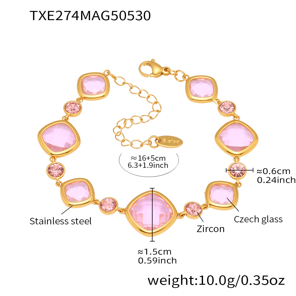 Txe274-gold pink glass stone bracelet 16 and 5cm