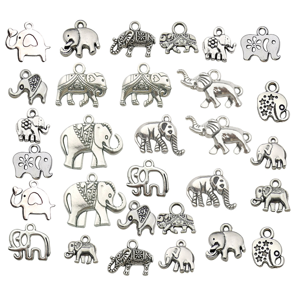 16:Mixed 30 ancient silver elephant set - 15 styles, 2 pieces each - 43.3g - sn36