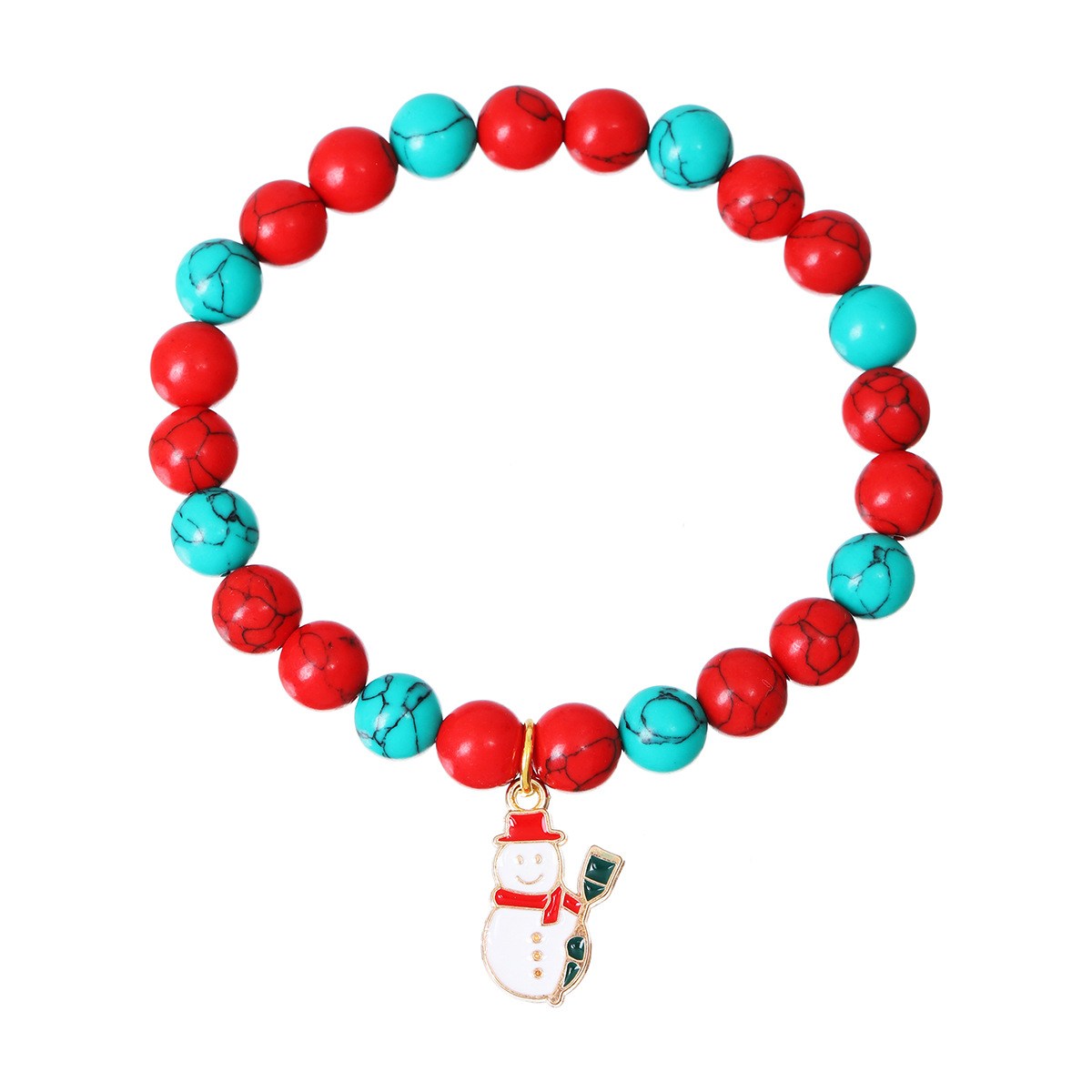 Snowman pendant Red Green Pine beaded bracelet