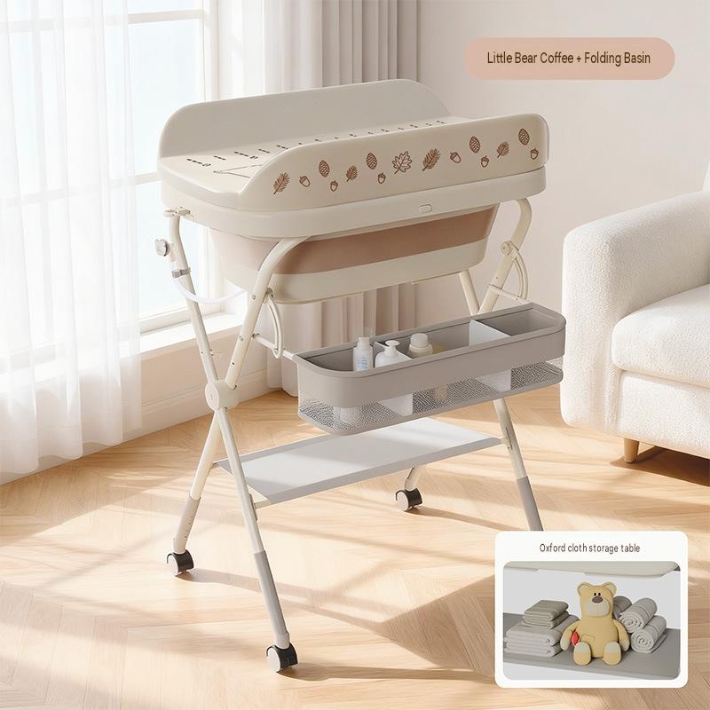 Coffee brown 3-in-1 changing table with bear design   fabric storage rack   thermometer