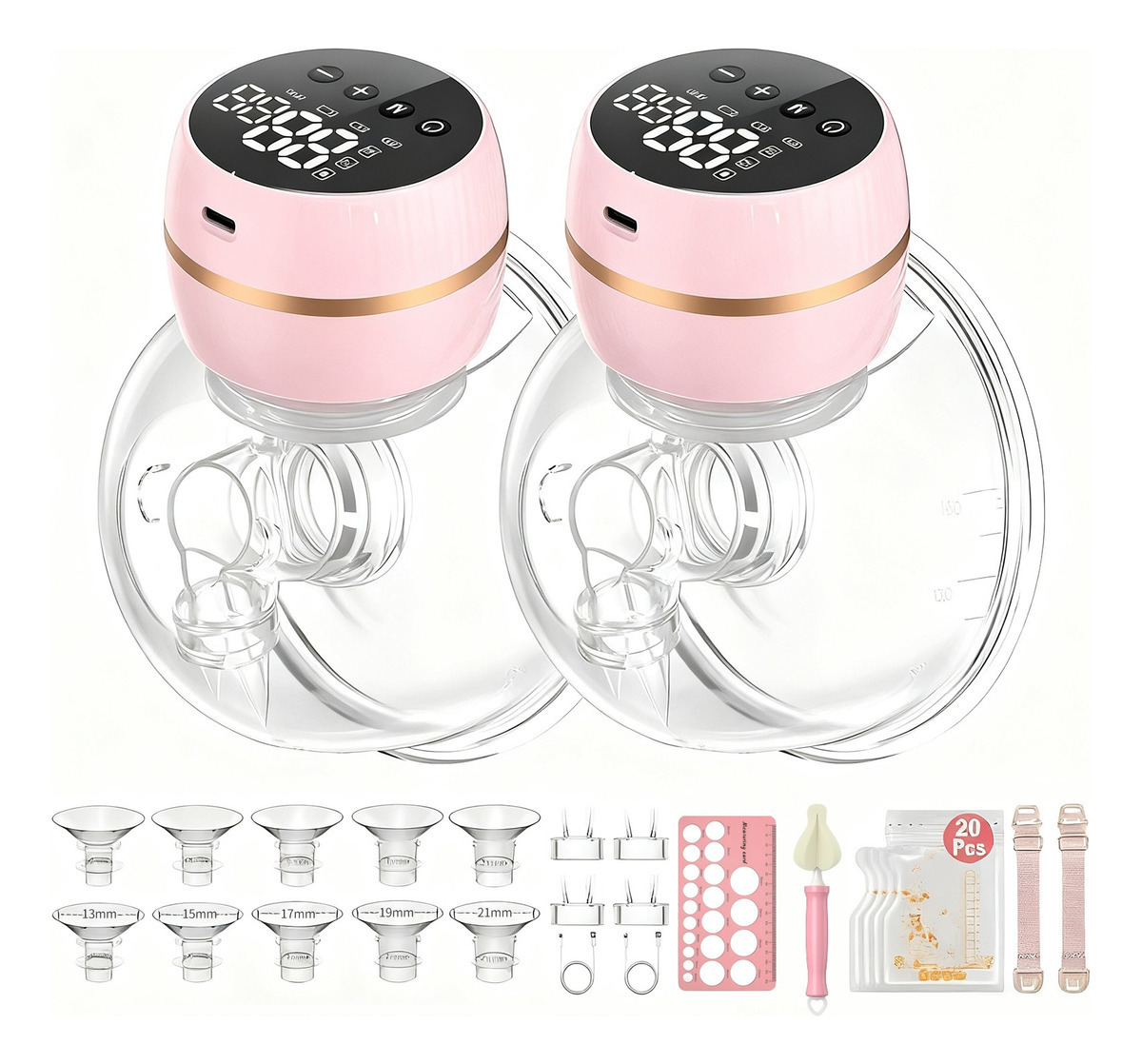 2 breast pumps   2 each of 13-15-17-19-21   4 no. 2 duckbill valves   nipple ruler   sponge brush   20 pieces of milk storage bags   2 shoulder straps