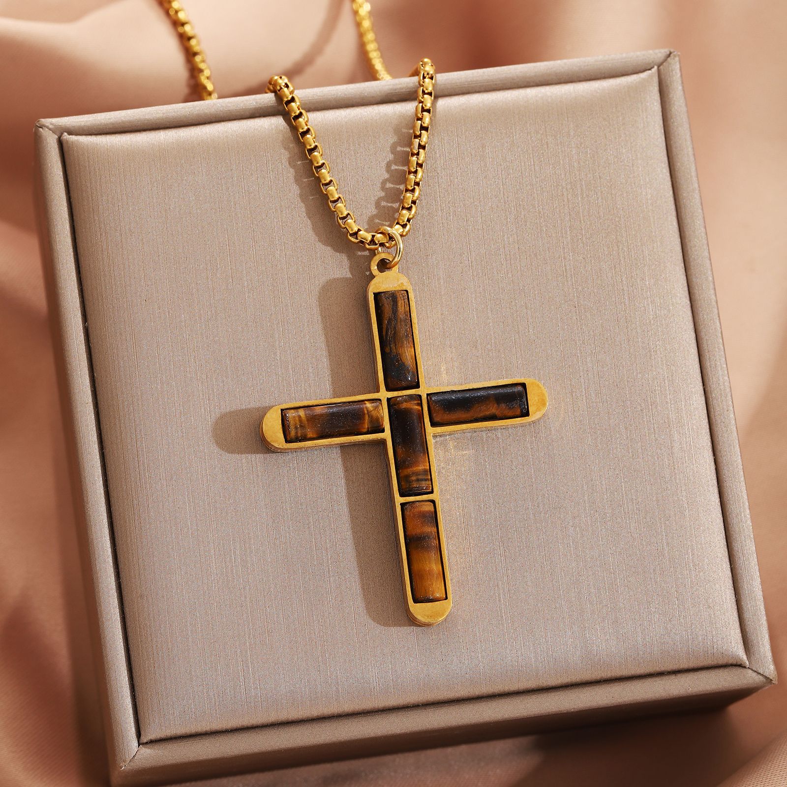 Tiger eye cross necklace gold