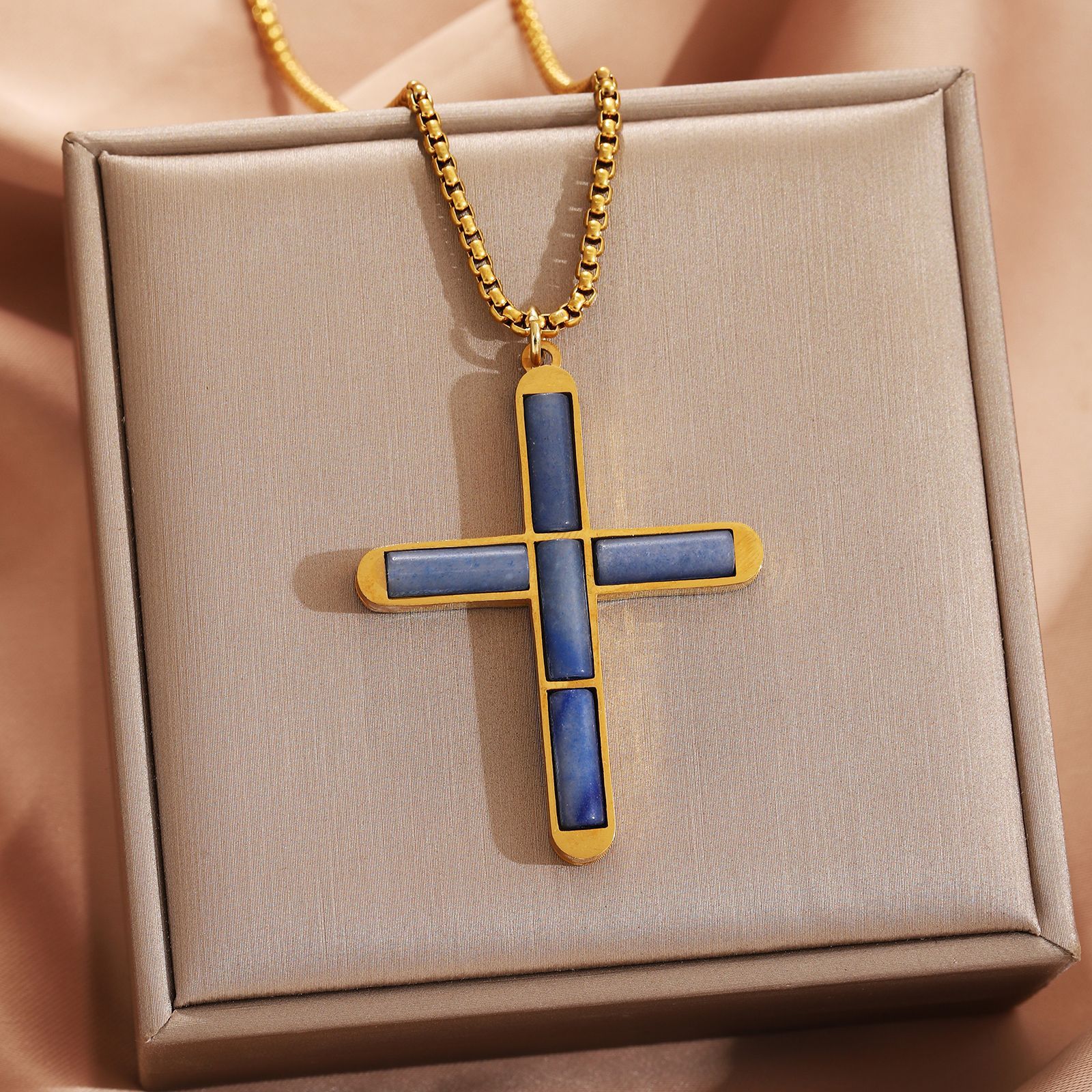 Blue agate cross necklace gold