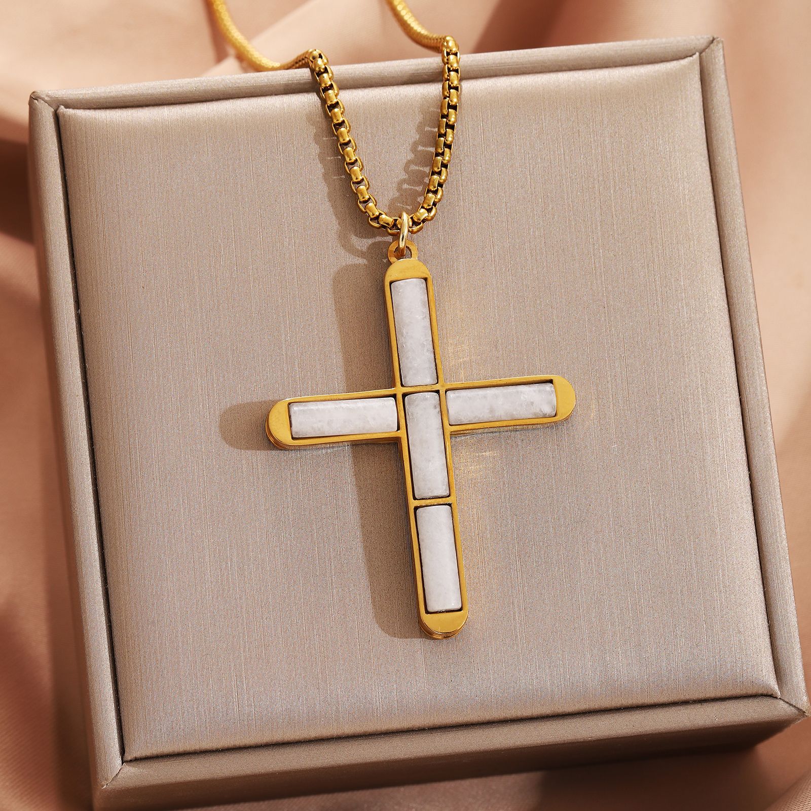 Transparent white cross necklace gold